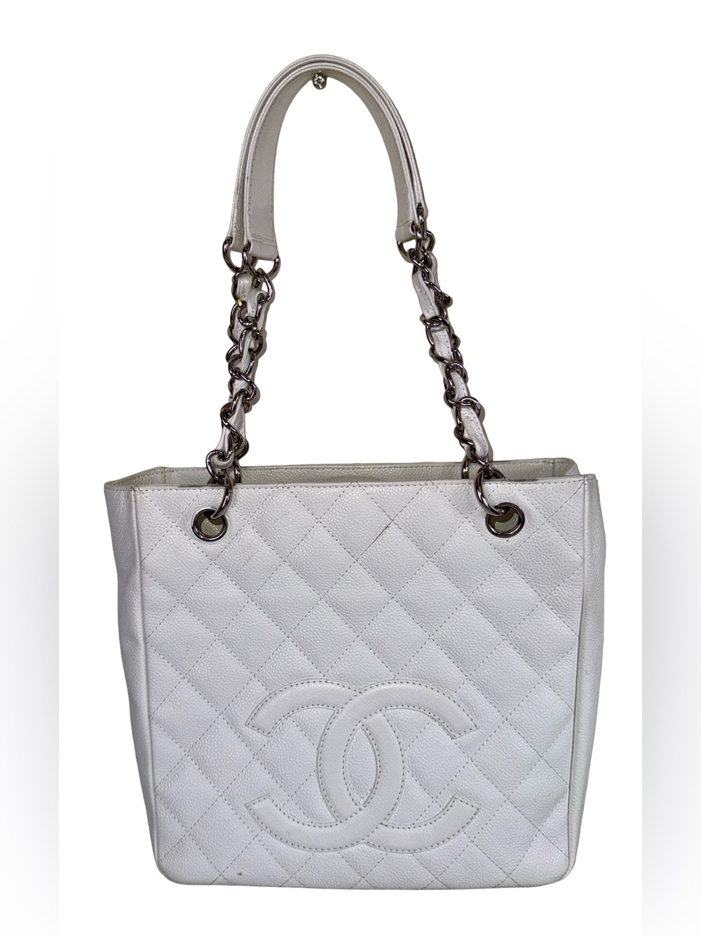 CHANEL PETITE SHOPPING TOTE IN WHITE QUILTED CAVIAR LEATHER